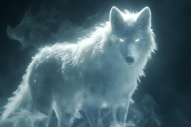 A ghostly and transparent wolf spirit with an ethereal presence emitting a mystical glow