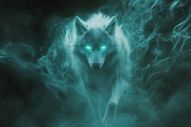 Photo a ghostly and transparent wolf spirit with an ethereal presence emitting a mystical glow