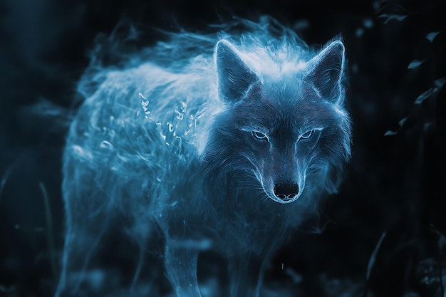 A ghostly and transparent wolf spirit with an ethereal presence emitting a mystical glow