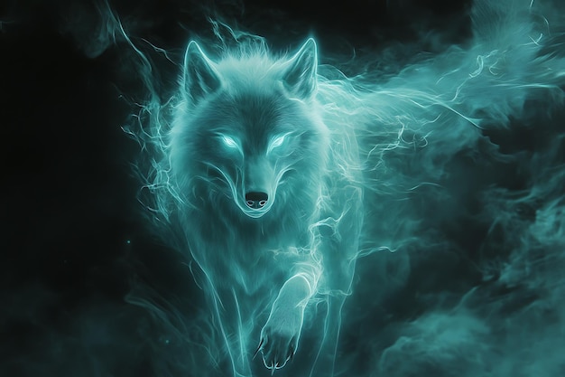 Photo a ghostly and transparent wolf spirit with an ethereal presence emitting a mystical glow