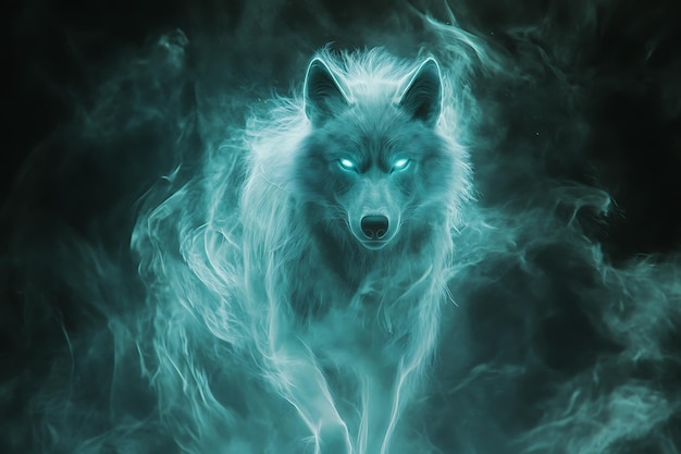 A ghostly and transparent wolf spirit with an ethereal presence emitting a mystical glow