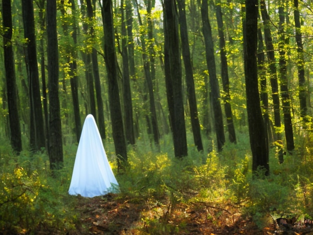 A ghostly vision in white robes roams between tree trunks ghost in the paranormal world horrible