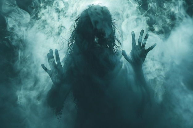 A ghostly womans silhouette with her hands up behind foggy glass soft blue tint horror