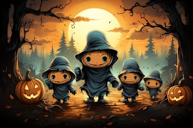 Ghosts on halloween celebration concept in a cemetery or forest at night in cartoon style Halloween