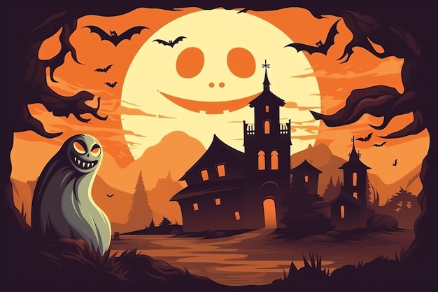 Ghosts on halloween celebration concept in a cemetery or forest at night in cartoon style Halloween