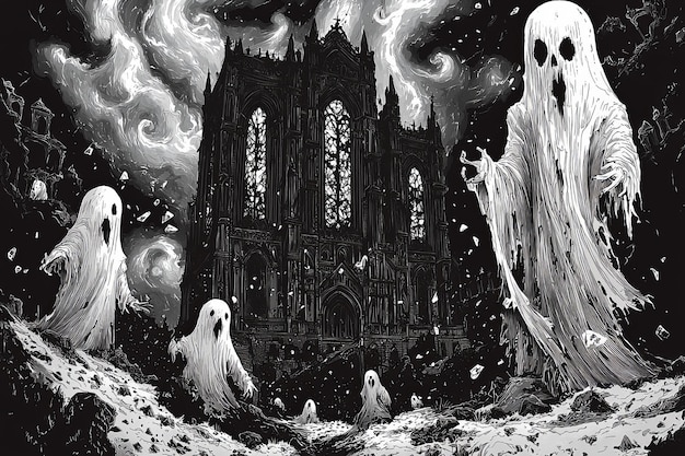 Photo ghosts haunt an ancient cathedral in a monochromatic illustration