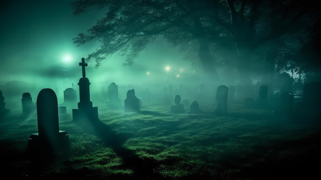 ghosts at night in a cemetery in the fog