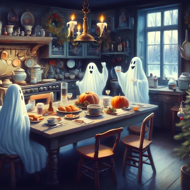 Ghosts in a vintage kitchen enjoying their Christmas