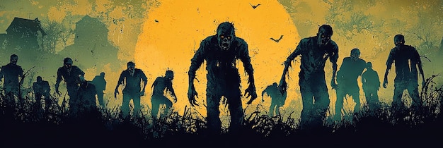 Ghoulish zombies wandering in an eerie yellow mist