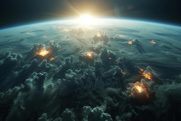 giant asteroid has hit the blue earth realism style surrealistic elements scifi scene