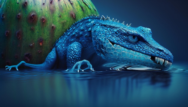 Giant blue alligator walking image Ai generated art