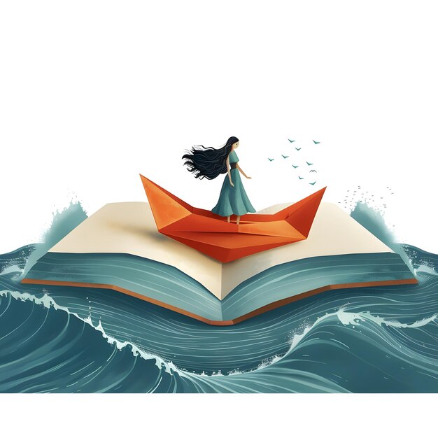 Photo giant book with tiny woman in paper boat flat illustration isolated on white background minimalism