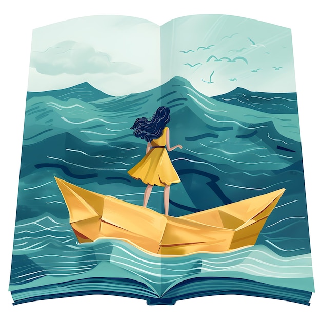 Photo giant book with tiny woman in paper boat flat illustration isolated on white background minimalism