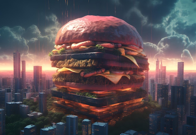 Giant burger shaped building with delicious ingredients over city