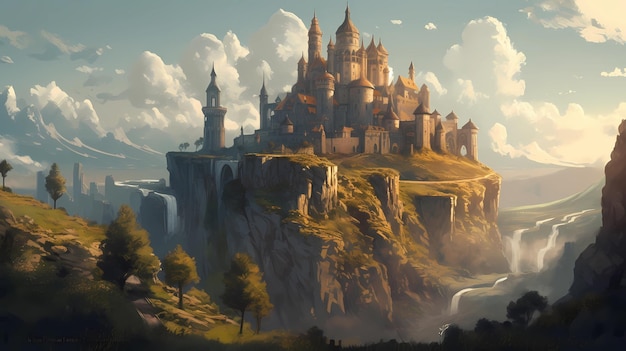 A giant castle with towering walls and turrets digital art illustration