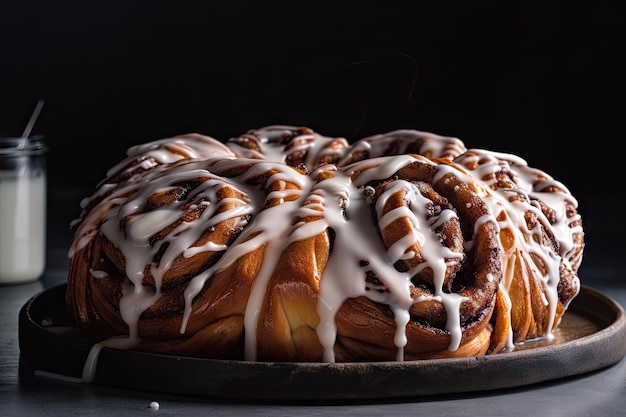 Giant cinnamon roll shaped in the form of braid with drizzle of icing