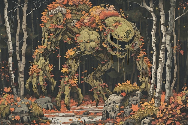 a giant creature made of rotting leaves and autumn trees and fungus a creature of autumn in the style of an old fairy tale the hanged man tarot in the style of Ivan Bilibin upbeta niji