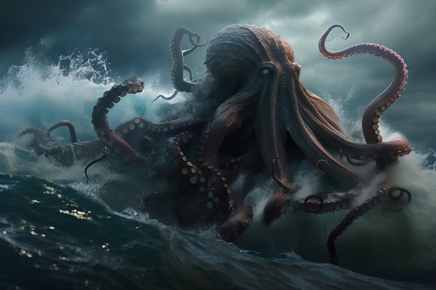 A giant Cthulhu is in the ocean