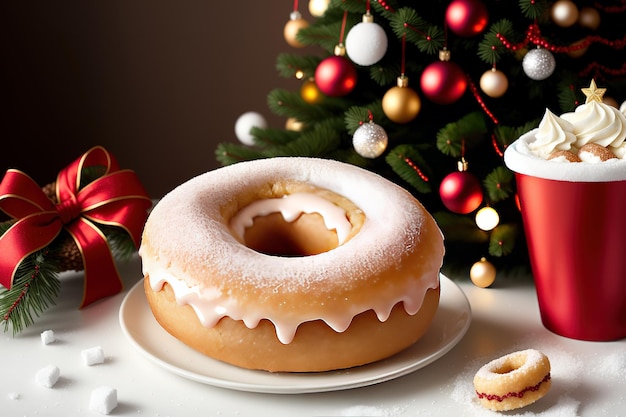 A giant doughnut with icing on it next to a christmas tree.