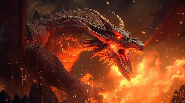 Giant dragon unleashes fiery breath digital art illustration Generative AI