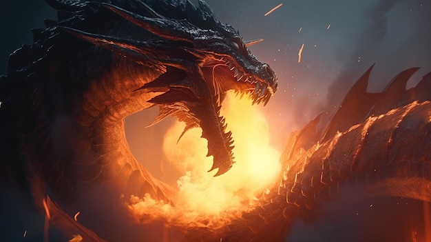 Giant dragon unleashes fiery breath digital art illustration Generative AI