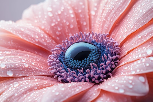 Photo a giant eye peeking out from the center of a blooming flower isolated on a pastel lavender background