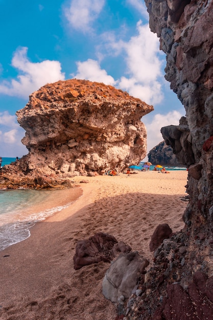 Giant famous rock in the center of La Playa de los Muertos in Cabo de Gata natural park, Nijar, Andalucia. Spain