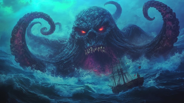 Photo a giant fearsome octopus with glowing red eyes emerges from the ocean depths threatening a small sailing ship