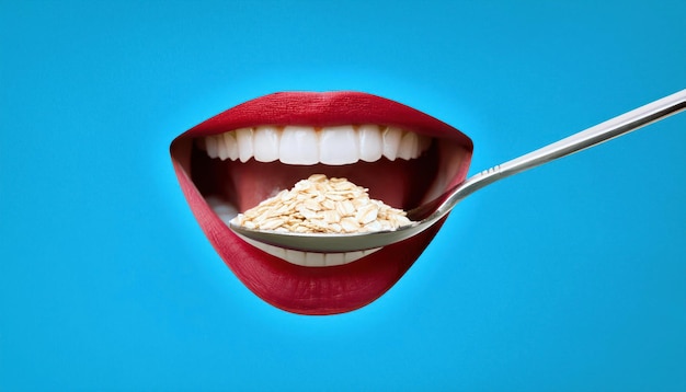 Giant Female Mouth with Red Lipstick Eating Oats with Spoon Over Blue Background