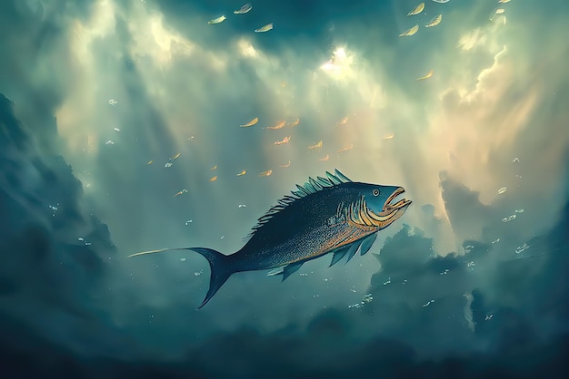 Giant Fish Flying Over Sky on a Fantasy World