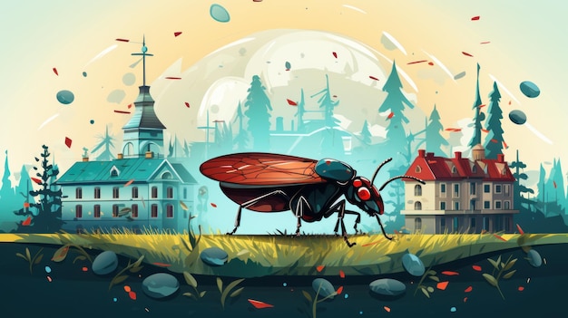 Giant fly in front of fantasy landscape