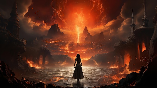 Giant Goddess Rising out of an Overflowing Volcano Epic Fantasy