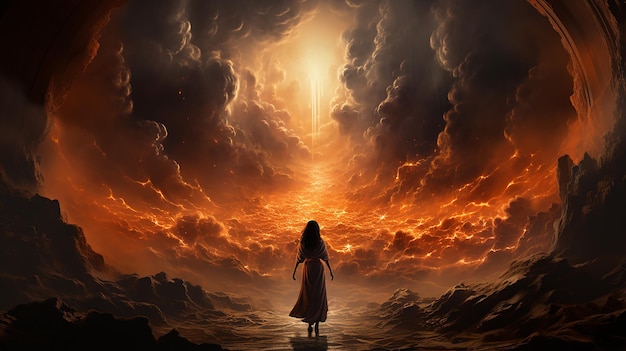 Giant Goddess Rising out of an Overflowing Volcano Epic Fantasy