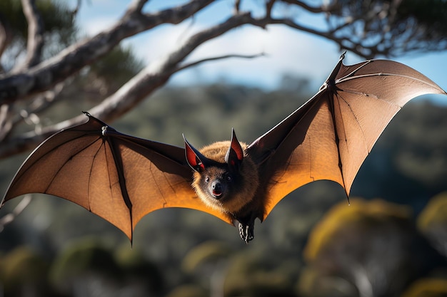 Photo giant golden crowned flying fox bat in natural forest environment wildlife photography