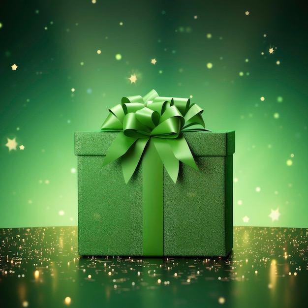 Giant green gift box with ribbons on festive Christmas background