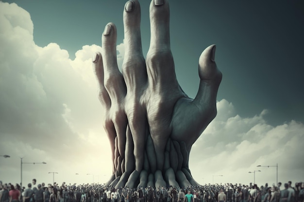 A giant hand is held up in front of a crowd of people.