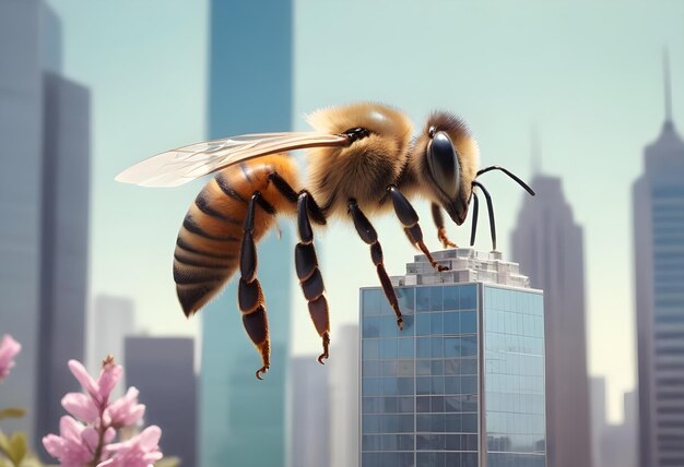 A giant honeybee perches on top of a skyscraper in a city showcasing the contrast between nature and urban environment