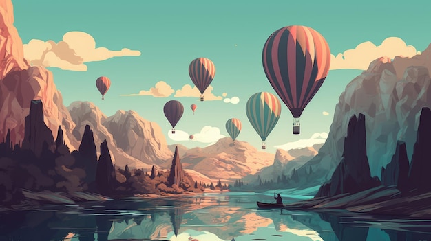 Giant hot air balloons floating above a surreal land generative ai