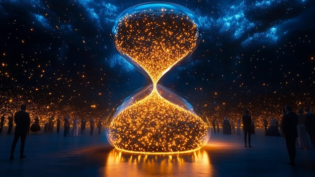 Photo giant hourglass with golden sand and silhouettes under starry sky