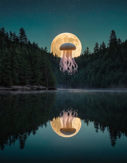 Photo a giant jellyfish floating in the water with a full moon in the background