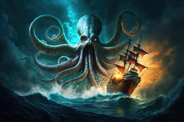 A Giant Kraken Attacking a Pirate Ship on the High Seas