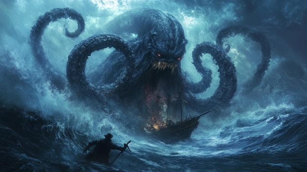 A giant kraken emerges from the depths of the ocean its tentacles reaching out to attack a ship and a lone sailor who desperately tries to escape