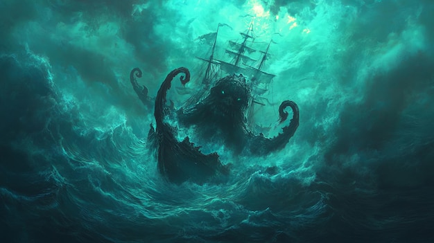 A giant kraken emerges from the stormy ocean its tentacles engulfing a ship a chilling reminder of the oceans power