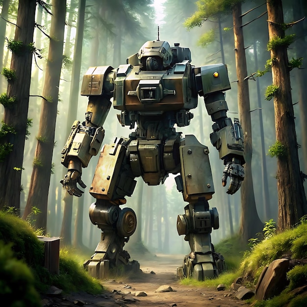 Photo a giant mech with large guns and legs in the fores nice image use ai generator