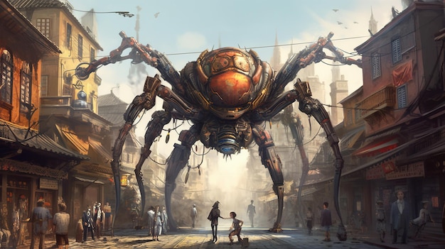 A giant mechanical spider walking through a city Fantasy concept Illustration painting Generative AI