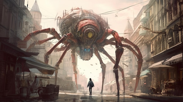 A giant mechanical spider walking through a city Fantasy concept Illustration painting Generative AI