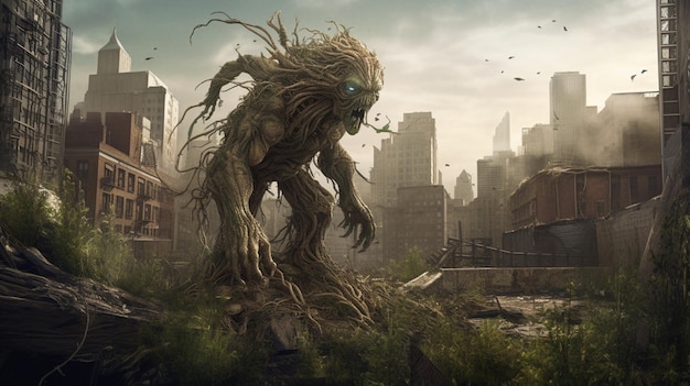 A giant monster in a city with a city in the background