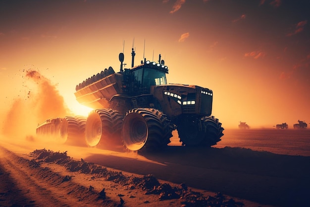 A giant monster truck is driving on a desert at sunset.