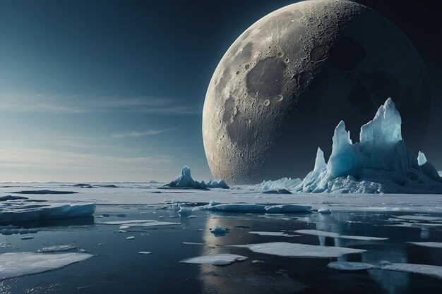 Photo a giant moon casting a shadow on a frozen sea