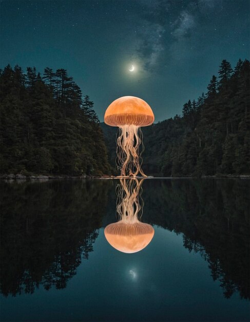 Photo a giant mushroom is reflected in the water with the moon in the background